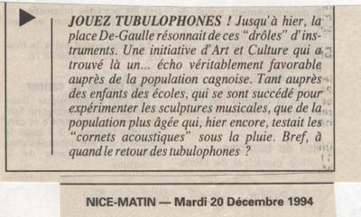Tubulophone - Nice Matin - 20 dcembre 1994